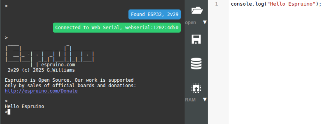 Espruino IDE running on the browser with the code editor and console output visible.